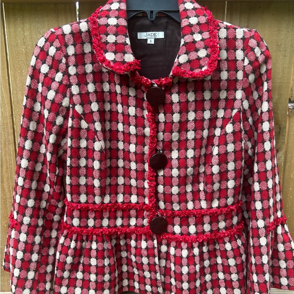 Jade Red and Cream Ruffle Checkered Jacket size 6 Retro